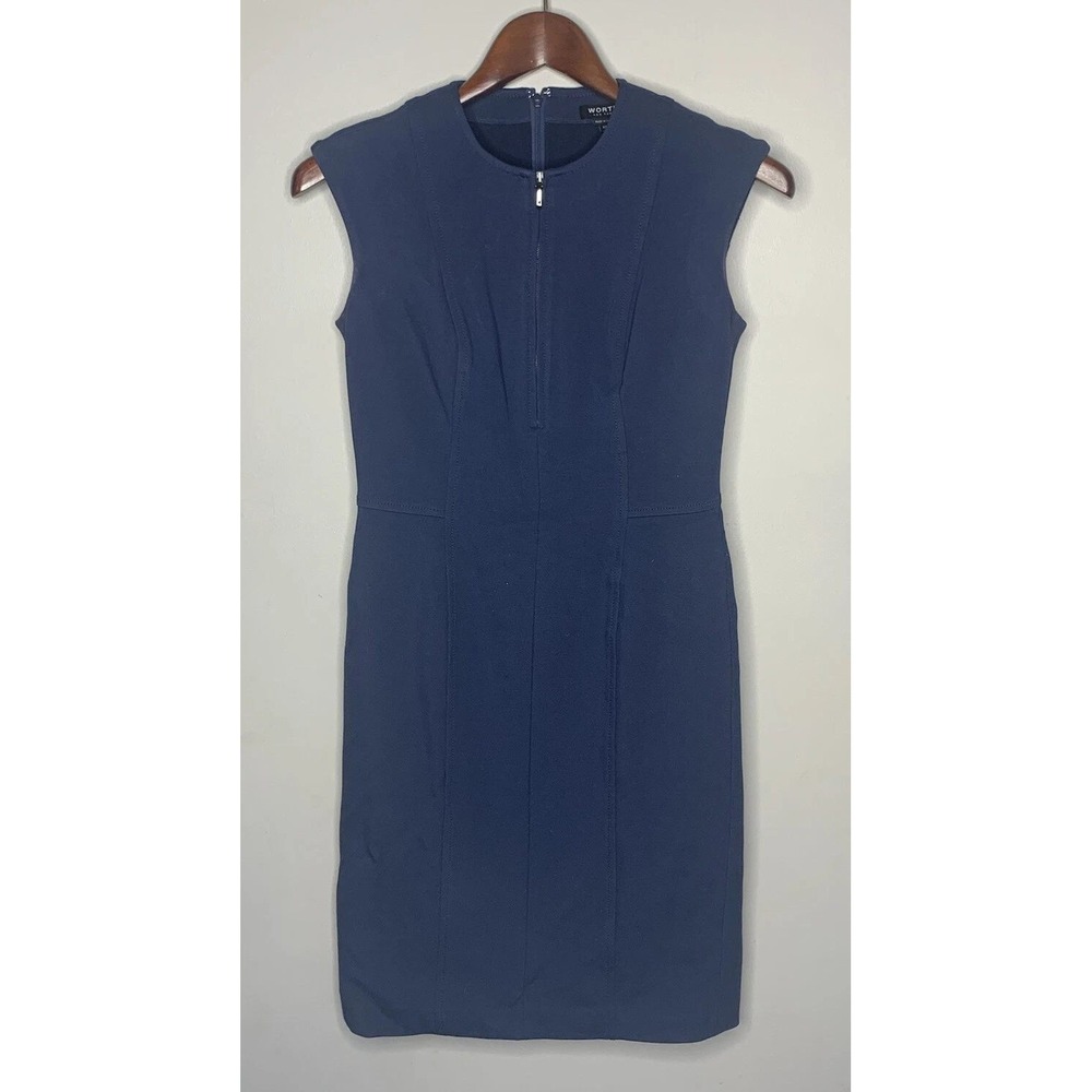 Worth New York Sheath Dress Women 0 Navy Blue Zip Front Sleeveless Career Office